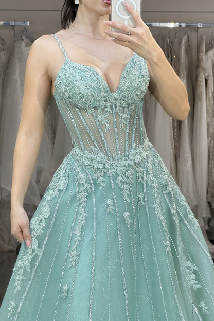 WU1065 - Chic & Modern A-Line Strapless Spaghetti Straps Sleeveless Appliques Beaded Floor Length Prom Dress Mint Green Tulle Evening Party Dress Cocktail Dress Wedding Guest Gown