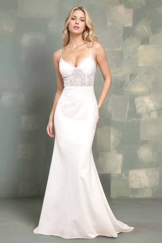 WW1026 - Elegant & Classic Mermaid V Neck Spaghetti Straps Sleeveless Appliques Open Back Satin Wedding Dress Bride Gown