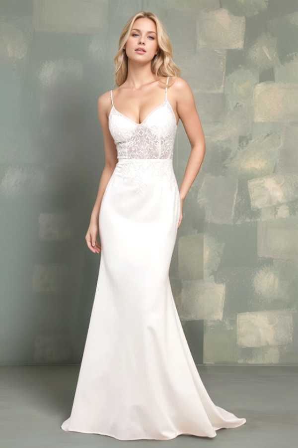 Mermaid V Neck Spaghetti Straps Appliques Open Back Satin Wedding Dress WW1026