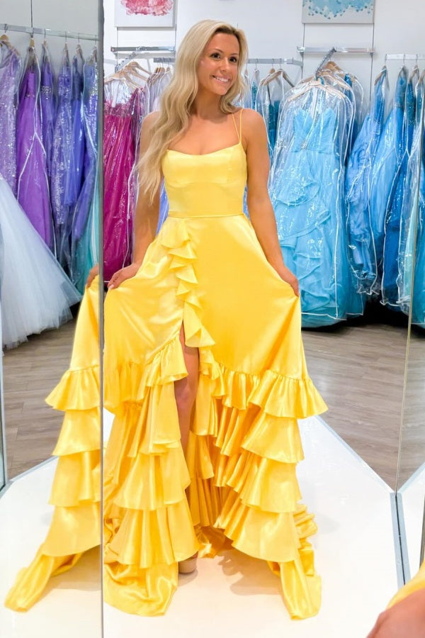 A-Line Boat Neck Spaghetti Straps Ruffles Tiered High Side Slit and Train Prom Dress WU1420