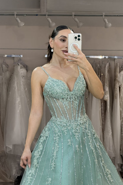 WU1065 - Chic & Modern A-Line Strapless Spaghetti Straps Sleeveless Appliques Beaded Floor Length Prom Dress Mint Green Tulle Evening Party Dress Cocktail Dress Wedding Guest Gown