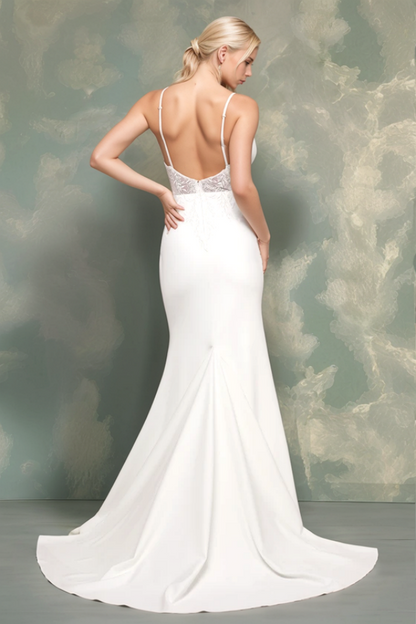 WW1026 - Elegant & Classic Mermaid V Neck Spaghetti Straps Sleeveless Appliques Open Back Satin Wedding Dress Bride Gown