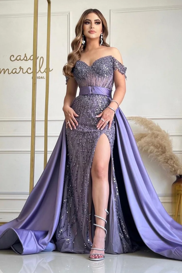 WU1076 - Gorgeous Sheath Off Shoulder Sleeveless Fully Sequins Formal Prom Dress Fully Sequins High Side Slit and Deatchable Train Floor Length Evening Party Dress