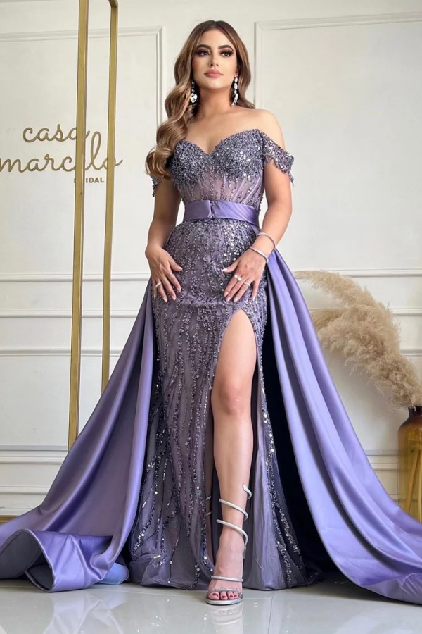 Sheath Off Shoulder Sequins Formal High Side Slit Prom Dress WU1076