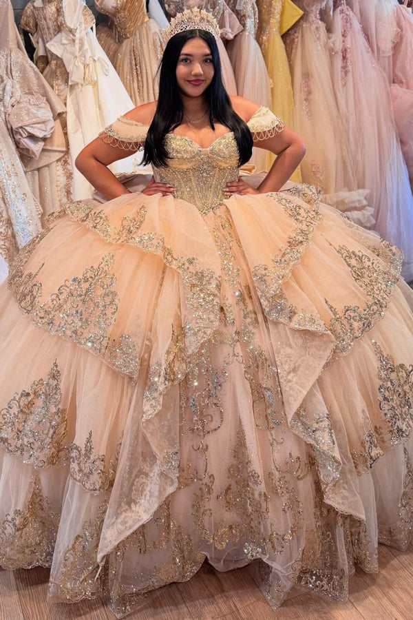 Off Shoulder Sleeveless Champagne Sweet 15 Quinceañera Dress with Beaded Appliques Ruffles Tiered Bow Knot WQ1520