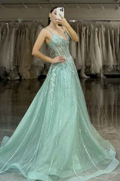 WU1065 - Chic & Modern A-Line Strapless Spaghetti Straps Sleeveless Appliques Beaded Floor Length Prom Dress Mint Green Tulle Evening Party Dress Cocktail Dress Wedding Guest Gown