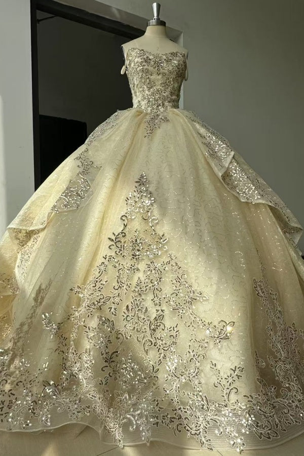 Off Shoulder Sleeveless Beaded Gold Appliques Ruffles Champagne Sweet 16 Quinceañera Dresses WQ1411