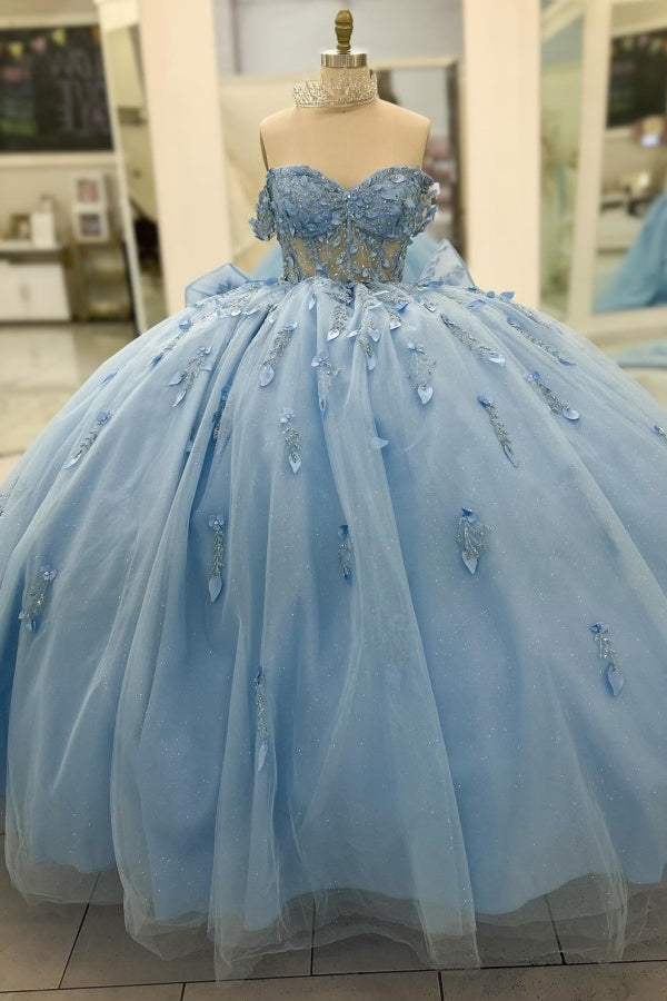 Langes Quinceanera-Kleid mit Herzausschnitt für Damen, trägerloses Korsett mit Blumenapplikationen, Perlenbesetztes Tüll-Ballkleid 