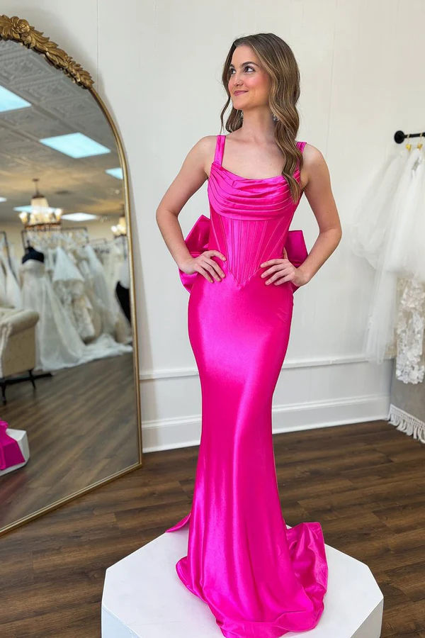 Mermaid Squeare Neck Straps Sleeveles Open Back Bow Knot Prom Dress WU1016