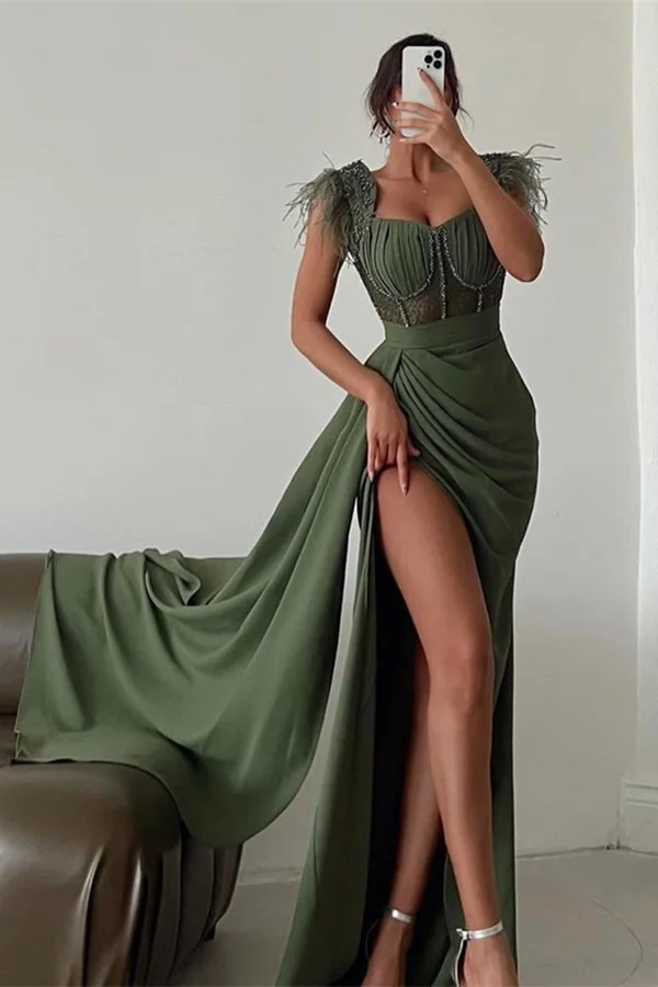 WU1030 - Etuikleid mit herzförmigem Ausschnitt, Trägern, ärmellos, plissiert, mit Perlen besetzt, Pailletten, Federn, hoher Seitenschlitz und Schleppe, bodenlanges Ballkleid, Partykleid, Abendkleid