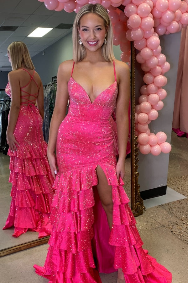 WU1130 - Wunderschönes schulterfreies ärmelloses Ball- und Partykleid mit Pailletten, hohem Seitenschlitz und Schleppe, Abendkleid, Cocktailkleid