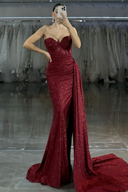 WU1066 - Glitter Mermaid Strapless Sleeveless Appliques Pleated Floor Length Prom Dress Burgundy Formal Party Dress Cocktail Gown