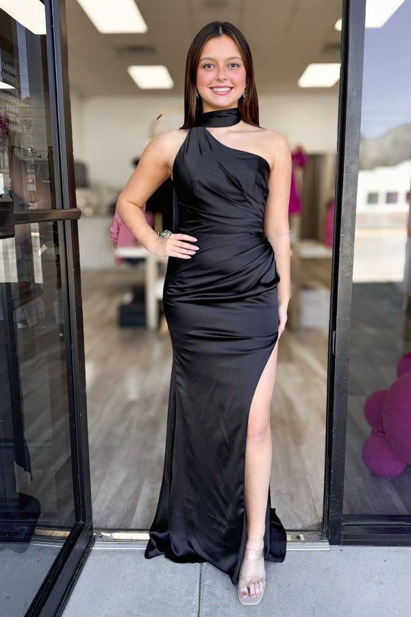 WU1450 - Elegante vestido de noche con escote halter, sin mangas, fruncido, plisado, abertura lateral alta y cola, vestido formal de fiesta y cóctel.