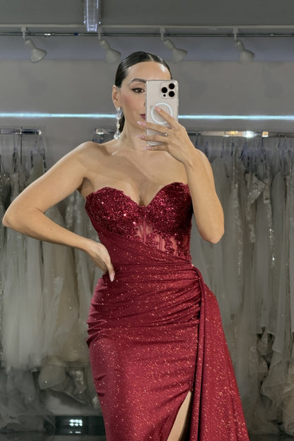 WU1066 - Glitter Mermaid Strapless Sleeveless Appliques Pleated Floor Length Prom Dress Burgundy Formal Party Dress Cocktail Gown