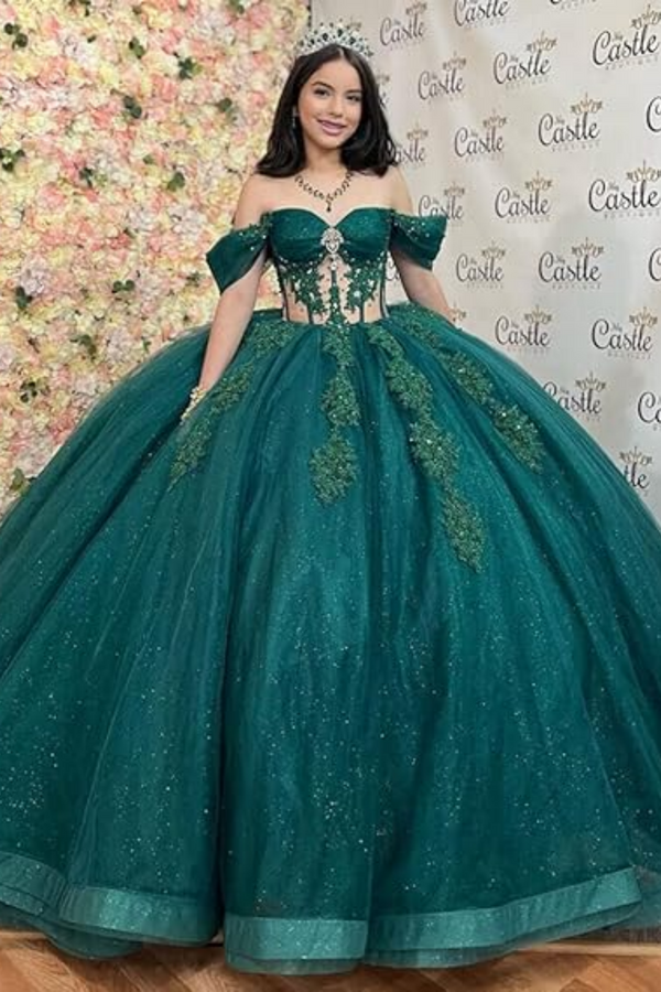Off Shoulder Sleeveless Beaded Appliques Dark Green Sweet 16 Quinceanera Dress WQ1265