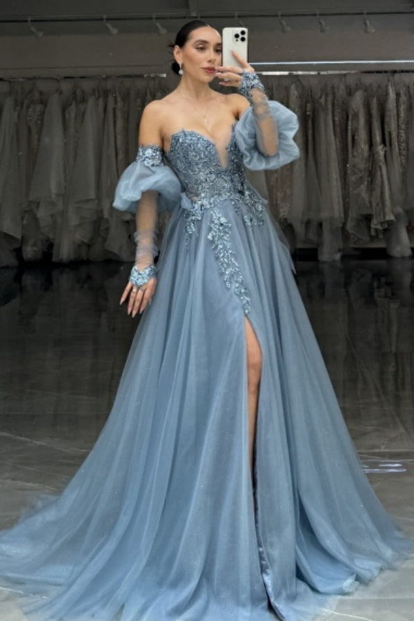 A-Line Strapless Long Sleeves Appliques Prom Dress High Side Slit WU1067