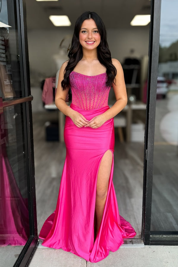 WU1130 - Wunderschönes schulterfreies ärmelloses Ball- und Partykleid mit Pailletten, hohem Seitenschlitz und Schleppe, Abendkleid, Cocktailkleid