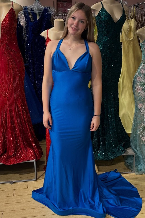 Mermaid V Neck Halter Open Back Prom Dress WU1422