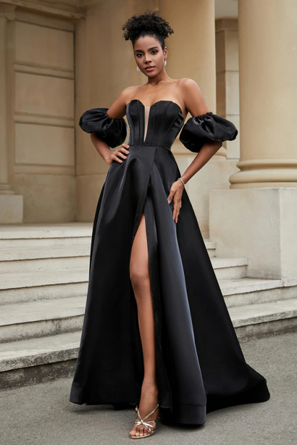 WU1028 - Elegant A-Line Strapless Detachable Half Lantern Sleeves High Side Slit Floor Length Prom Dress Party Dress Cocktail Gown