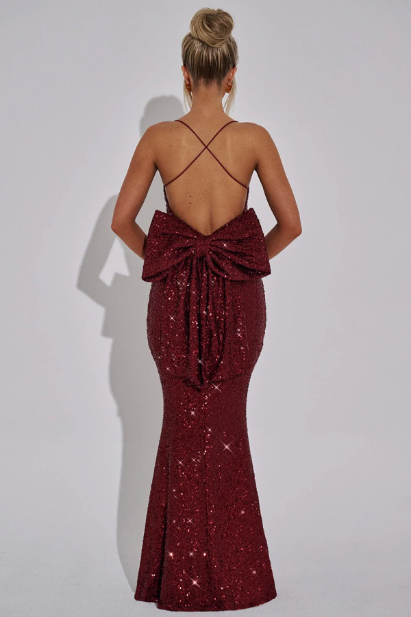 WU1068 - Sexy & Hot Mermaid Square Spaghetti Straps Sleeveless Open Back Floor Length Prom Dress Fully Sequins Special Occasion Dress Evenng Party Dress with Bow Knot