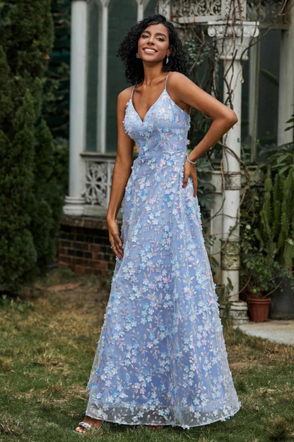 WU1073 - Lässiges und süßes himmelblaues A-Linien-Kleid, trägerlos, Spaghettiträger, ärmellos, Ball- und Partykleid, 3D-Blumentüll, hoher Seitenschlitz, offener Rücken, Abendkleid, formelles Hochzeitsgastkleid