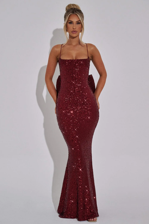 WU1068 - Sexy & Hot Mermaid Square Spaghetti Straps Sleeveless Open Back Floor Length Prom Dress Fully Sequins Special Occasion Dress Evenng Party Dress with Bow Knot