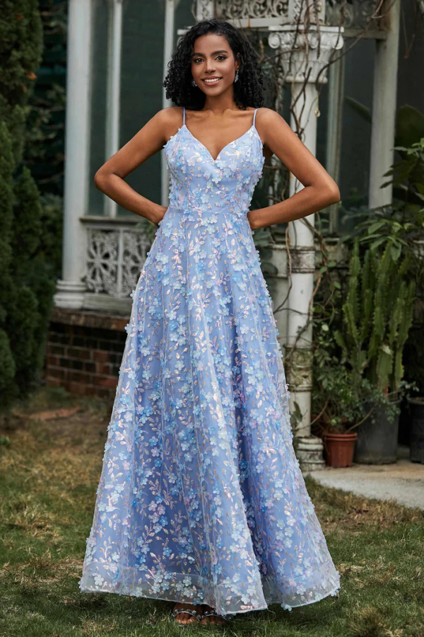 WU1073 - Lässiges und süßes himmelblaues A-Linien-Kleid, trägerlos, Spaghettiträger, ärmellos, Ball- und Partykleid, 3D-Blumentüll, hoher Seitenschlitz, offener Rücken, Abendkleid, formelles Hochzeitsgastkleid