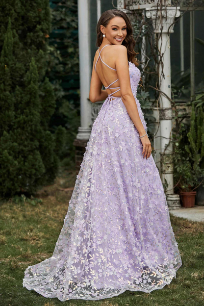 WU1072 - Chic & Sexy Light Purple A-Line Strapless Spaghetti Straps Sleeveless Prom Party Dress 3D Flower Tulle High Side Slit Open Back Evening Party Dress Cocktail Dress