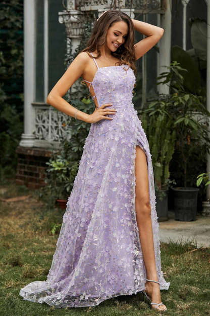 WU1072 - Chic & Sexy Light Purple A-Line Strapless Spaghetti Straps Sleeveless Prom Party Dress 3D Flower Tulle High Side Slit Open Back Evening Party Dress Cocktail Dress