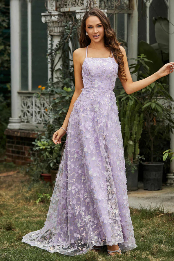 WU1072 - Chic & Sexy Light Purple A-Line Strapless Spaghetti Straps Sleeveless Prom Party Dress 3D Flower Tulle High Side Slit Open Back Evening Party Dress Cocktail Dress