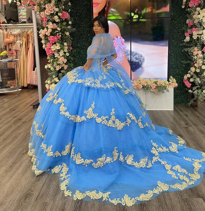 WQ1140 - Ball Gown V Neck Beaded Sequins Flower Appliques Tiered  Lace Up Sky Blue Tulle Quinceanera Dress Cocktail Dresses Princess Evening Party Gown for Sweet 16