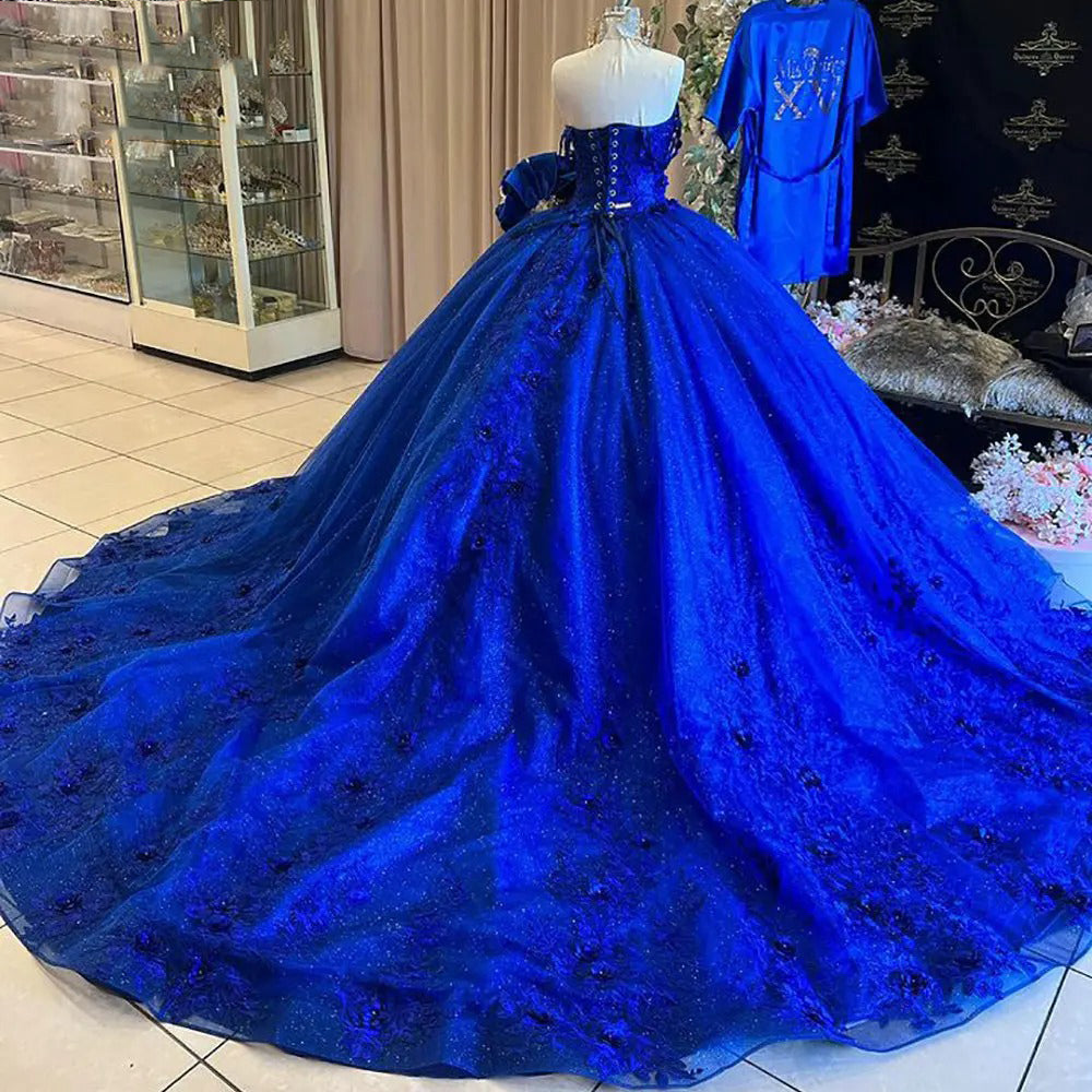 Royal Blue Glitter 3D Flowers Quinceanera Dresses Ball Gown Off The Shoulder Appliques Lace Beads Princess Sweet 16 Birthday Party Prom Dress