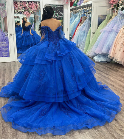 WQ1127 - Elegant & Gorgeous Ball Gown Off Shoulder Flowers Lace Appliques Beaded Tiered Ruffles Royal Blue Tulle Princess Evening Party Gown Quinceanera Dress for Sweet 16