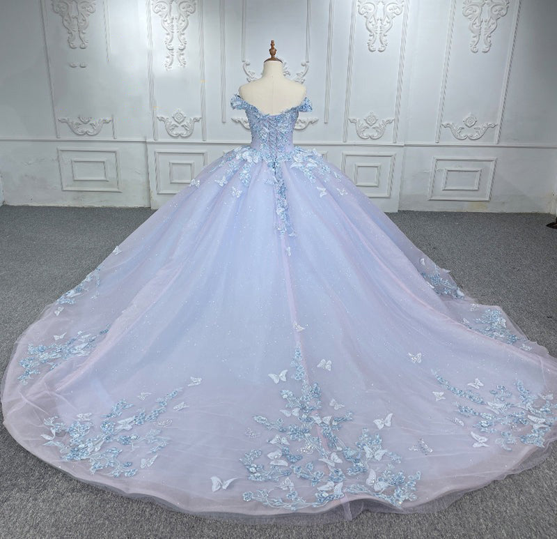 Lavender Off Shoulder Glitter Tulle 3D Butterflies Lace Appliques Quinceanera Dresses Sparkly Beaded Tulle Sweet 16 Dress Prom Party Gowns