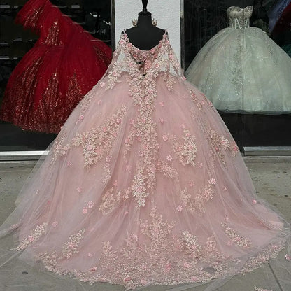 Pink Off The Shoulder Ball Gown Quinceanera Dresses With Cape 3D Flowers Appliques Lace Beaded Corset Sweet 15 16 Princess Party Dress