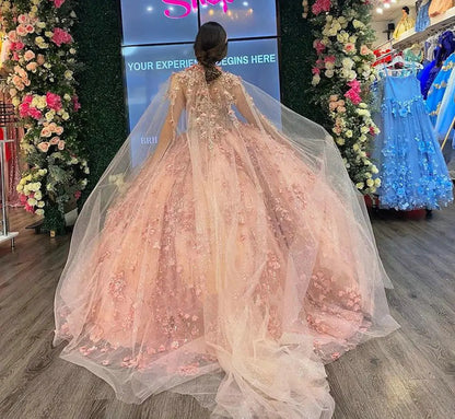 WQ1135 - Cute & Chic Ball Gown Strapless Cape 3D Floral Appliques Beaded Rose Pink Tulle Quinceanera Dress for Sweet 16