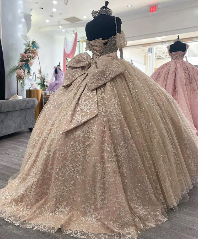 WQ1095 - Ball Gown Off Shoulder Spaghetti Straps Sleeveless Lace Appliques Champagne Tulle Quinceanera Dress for Sweet 16 Dress