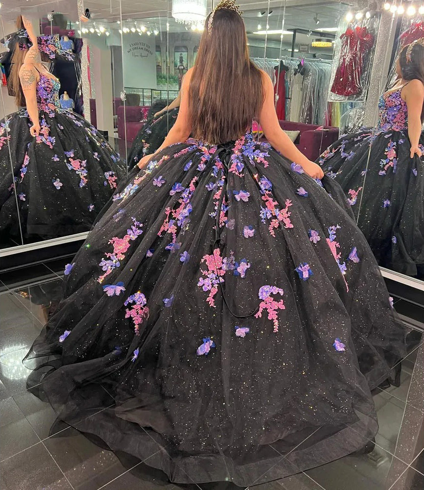 Black Sequin Quinceanera Dresses Floral Lace Applique Sweetheart Spaghetti Straps Beading Glitter Tulle Sweet 16 Birthday Party Gown