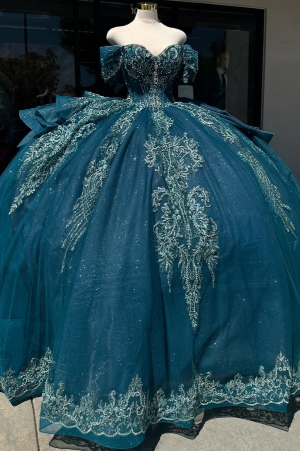 Langes Quinceanera-Kleid mit Herzausschnitt für Damen, trägerloses Korsett mit Blumenapplikationen, Perlenbesetztes Tüll-Ballkleid 