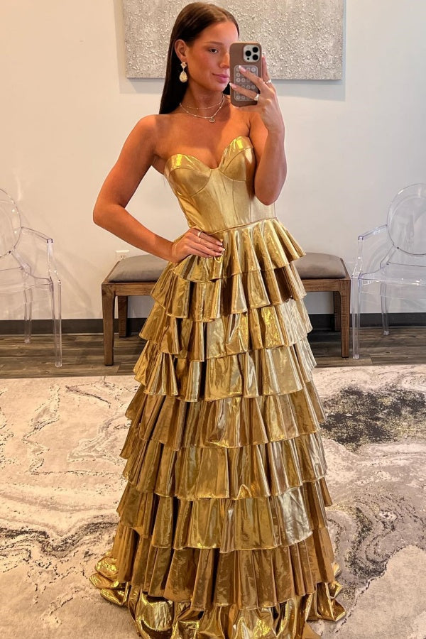A-Line Sweetheart Neck Sleeveless Gold Tiered Prom Party Dress WU1306