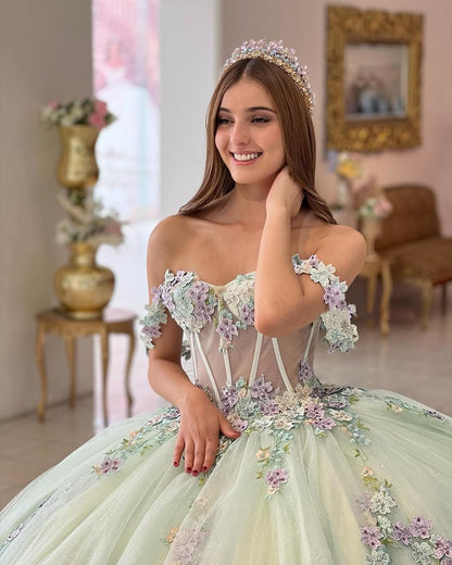 Mintgrünes Prinzessinnen-Ballkleid Quinceanera-Kleid, schulterfrei, Korsett, 3D-Blumen, Spitzenapplikationen, geschwollene Perlen, Sweet 16, Abschlussball, Partykleid