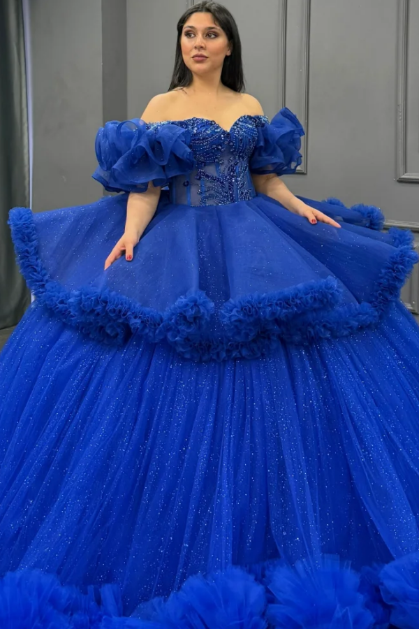Langes Quinceanera-Kleid mit Herzausschnitt für Damen, trägerloses Korsett mit Blumenapplikationen, Perlenbesetztes Tüll-Ballkleid 