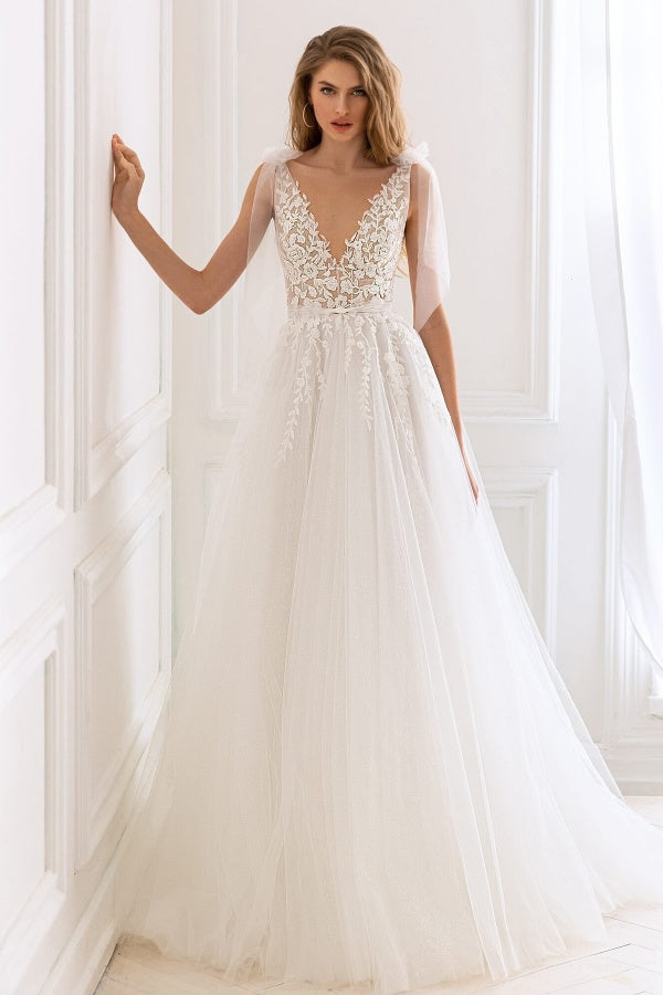 A-Line Low V Neck Straps Fully Appliques Open Back Tulle Wedding Dress WW1075