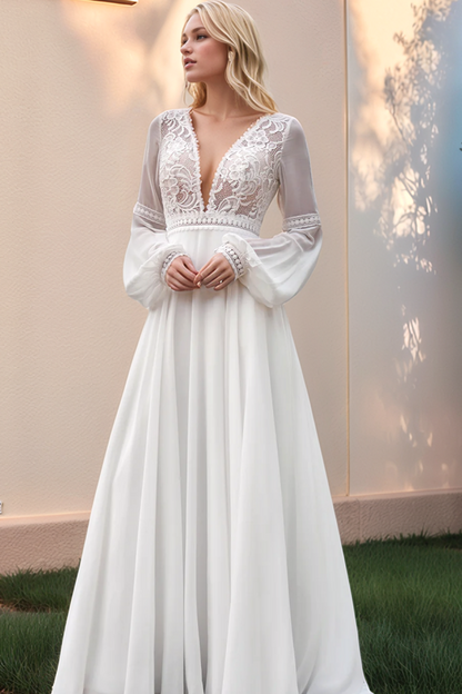 WW1035 - Elegant A-Line Low V Neck Long Lantern Sleeves Appliques Back Zipper Chiffon Boho Wedding Dress Beach Bride Gown