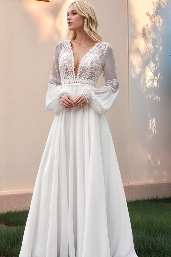 A-Line Low V Neck Long Sleeves AppliquesChiffon Boho Wedding Dress WW1035