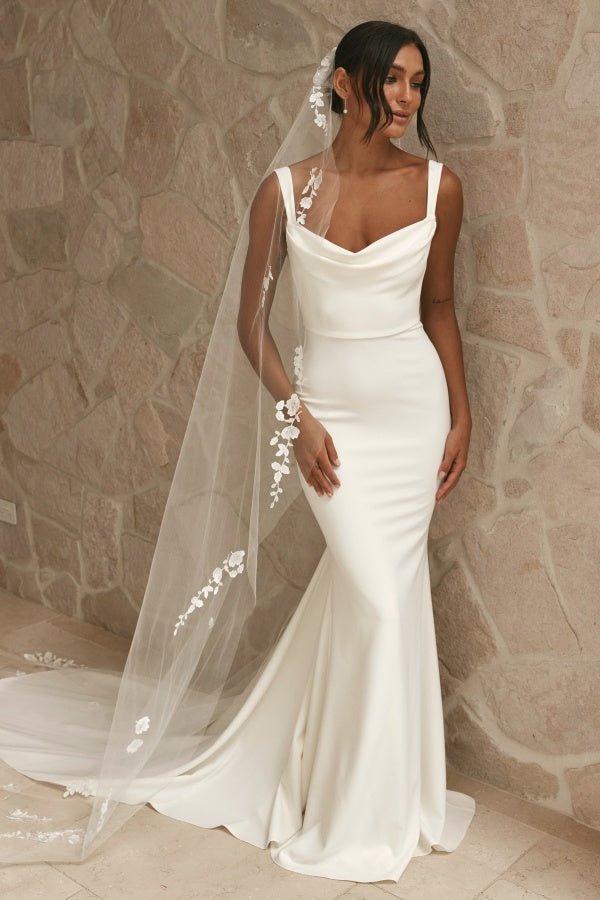 Mermaid Square Neck Straps Ruched Open Back Satin Wedding Dress WW1068