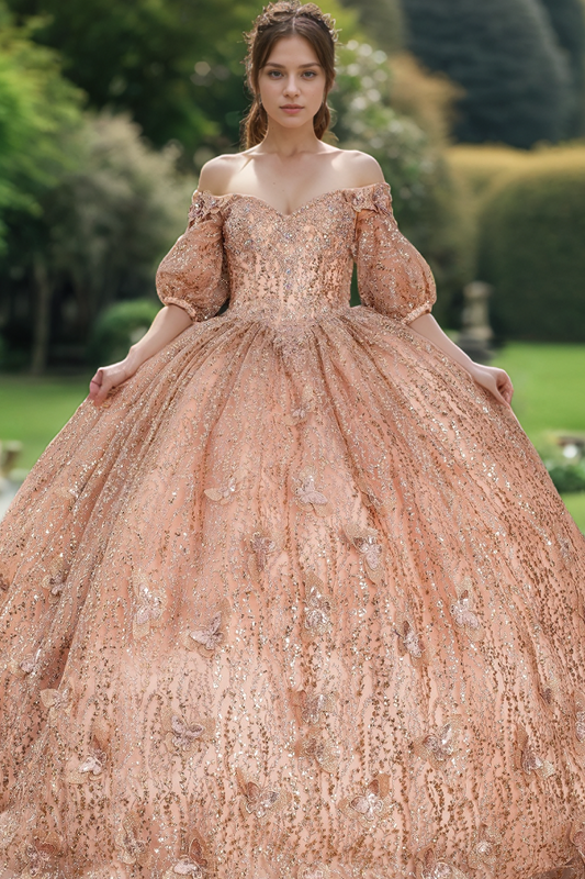 WQ1295 - Glamorous & Sparkly Ball Gown Off Shoulder Half Sleeves 3D Butterfly Appliques Glitter Rose Gold Tulle Quinceanera Dress Birthday Party Dress for Sweet 16