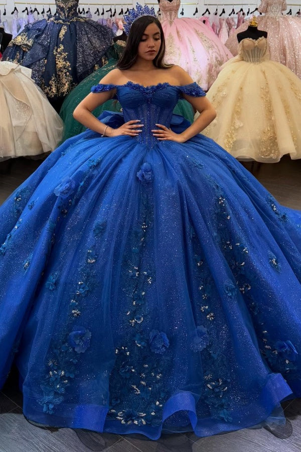 Langes Quinceanera-Kleid mit Herzausschnitt für Damen, trägerloses Korsett mit Blumenapplikationen, Perlenbesetztes Tüll-Ballkleid 