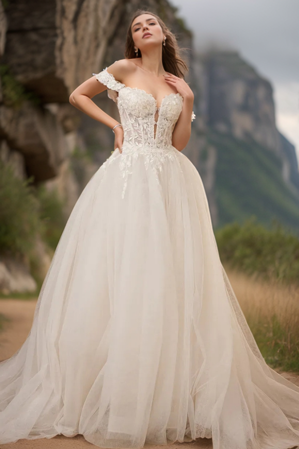 WW1025 - Elegant A-Line Off Shoulder Sleeveless Back Zipper Appliques Tulle Wedding Dress Beach Bride Gown