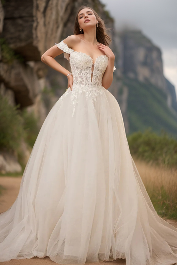 A-Line Off Shoulder Appliques Tulle Wedding Dress WW1025